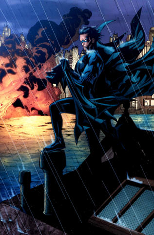 Dick with Batman's cape after the end of RIP