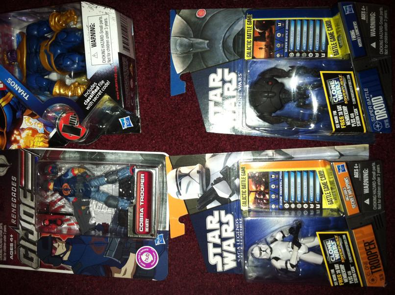 cobra trooper, mu thanos, clone trooper and battle droid