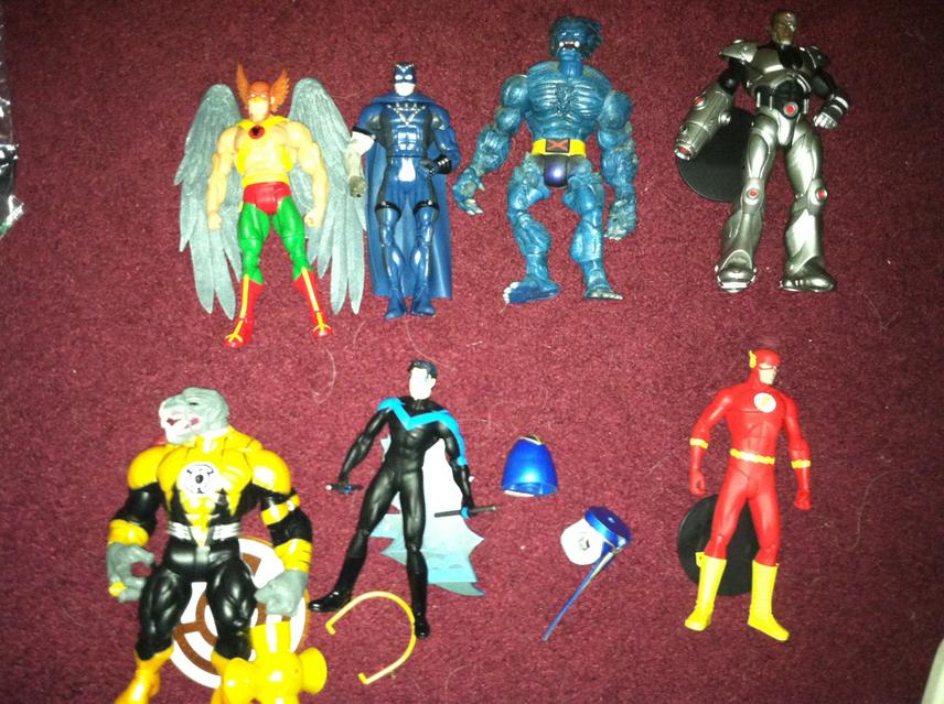 dcuc hawkman from the dcuc/motu 2 pack, green lantern classics blackhand, legends beast, dc direct blackest night arkillo, dc direct hush nightwing, dc direct flashpoint flash and cyborg