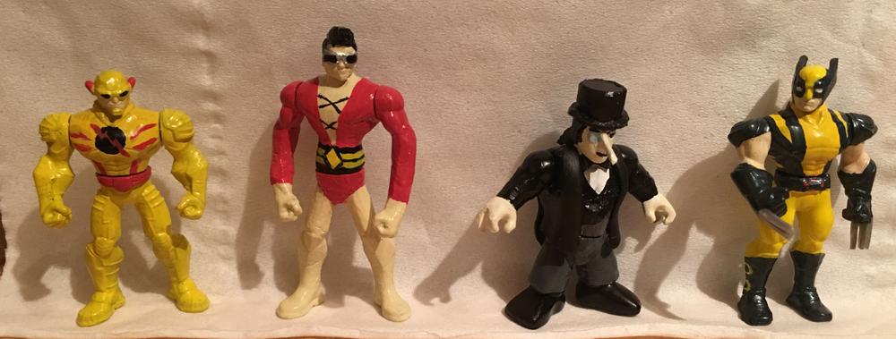Custom made mighty minis reverse flash, plastic man, the penguin and wolverine front view