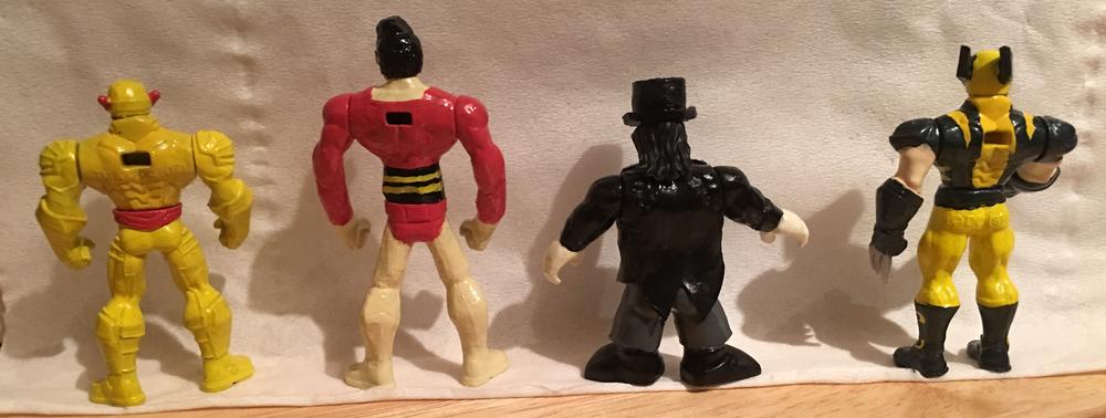 Custom made mighty minis reverse flash, plastic man, the penguin and wolverine back view